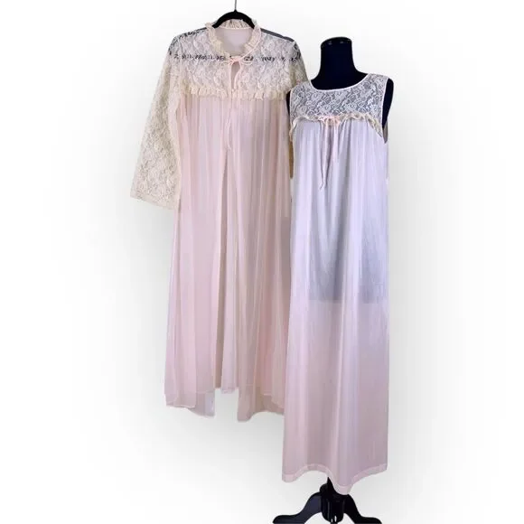 Vintage 70s Movie Star Nightgown Peignoir Robe Set Medium Lace Pink Nylon USA